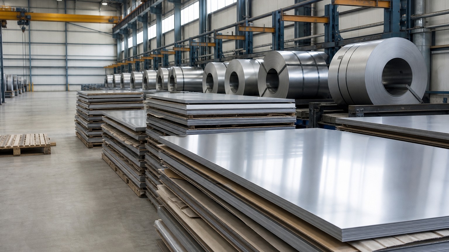 stainless steel vs galvanized steel - 2B finish stainless steel sheet and coil stacked in a steel service centre warehouse