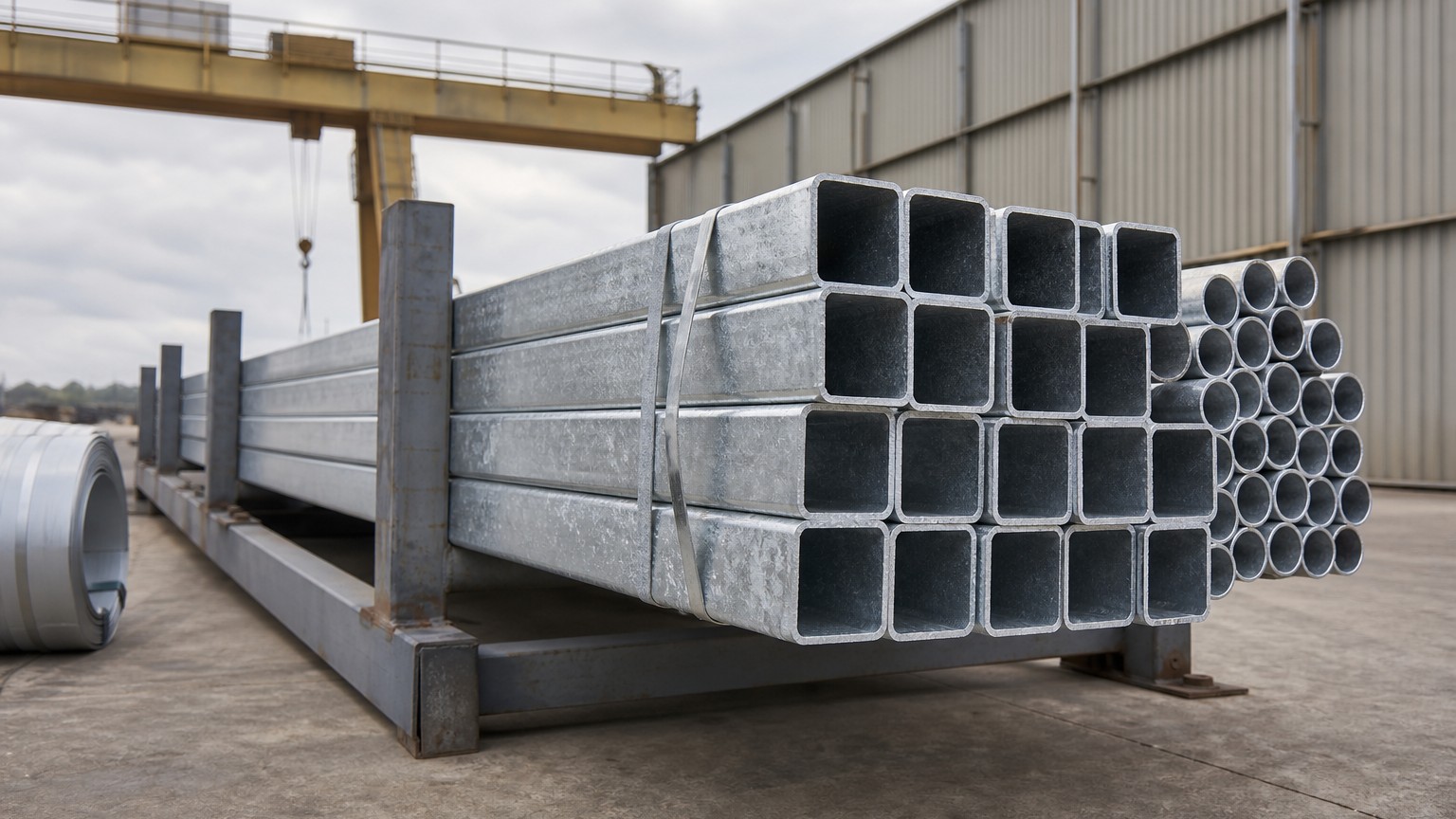 stainless steel vs galvanized steel - hot dip galvanized square and round steel tubes showing the zinc spangle