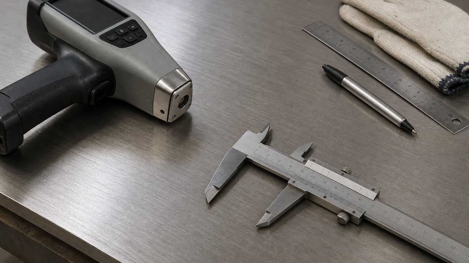 stainless steel vs galvanized steel - incoming inspection of a stainless steel plate with a caliper and alloy analyzer