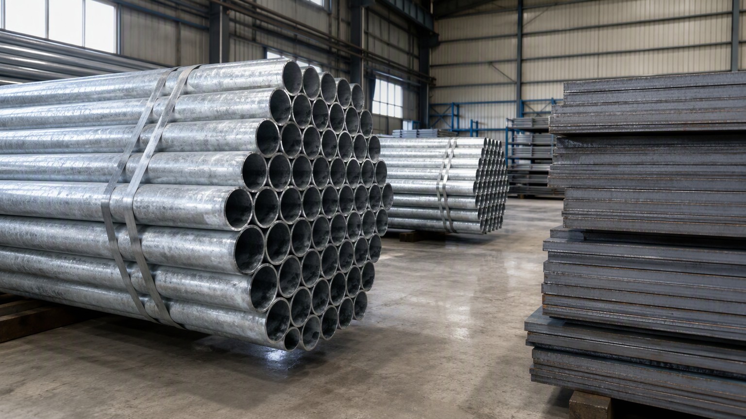 steel corrosion protection - hot-dip galvanized steel tubes and plates stacked in a steel warehouse