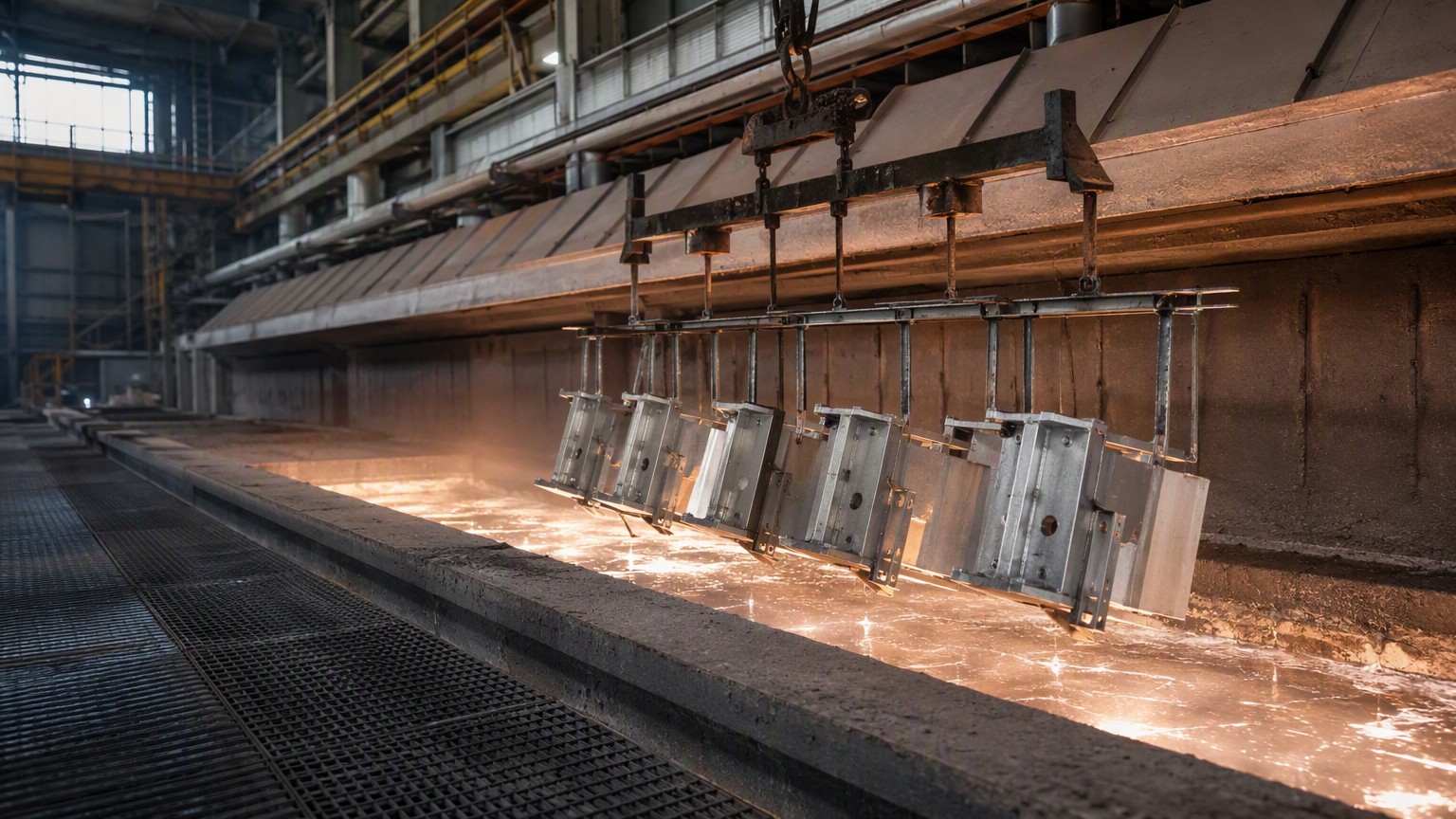 steel corrosion protection - hot dip galvanizing line dipping fabricated steel into molten zinc bath