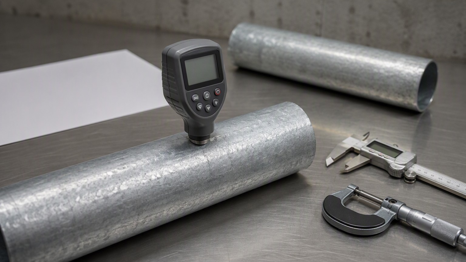 steel corrosion protection - inspector measuring zinc coating thickness with a magnetic gauge