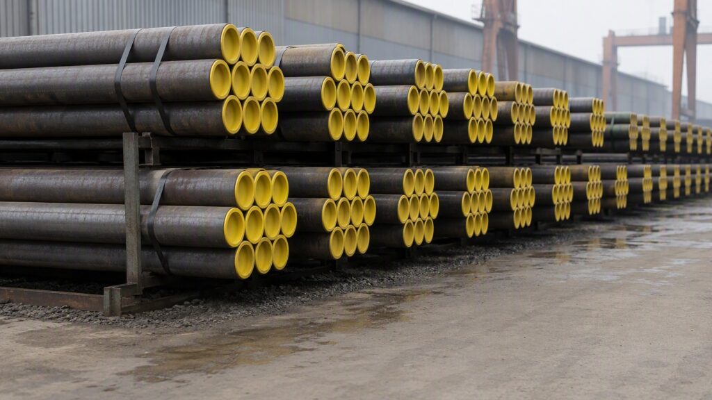 API 5CT grades - seamless casing and tubing stacked in a steel pipe yard before shipment
