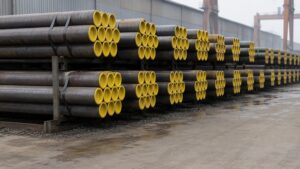 API 5CT grades - seamless casing and tubing stacked in a steel pipe yard before shipment