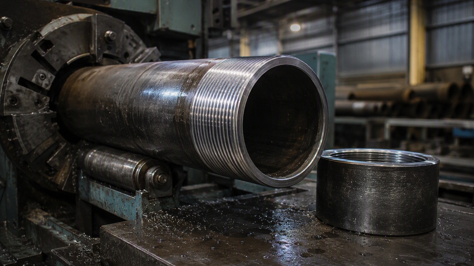 API 5CT grade comparison - coupling and thread inspection bench in a casing pipe mill