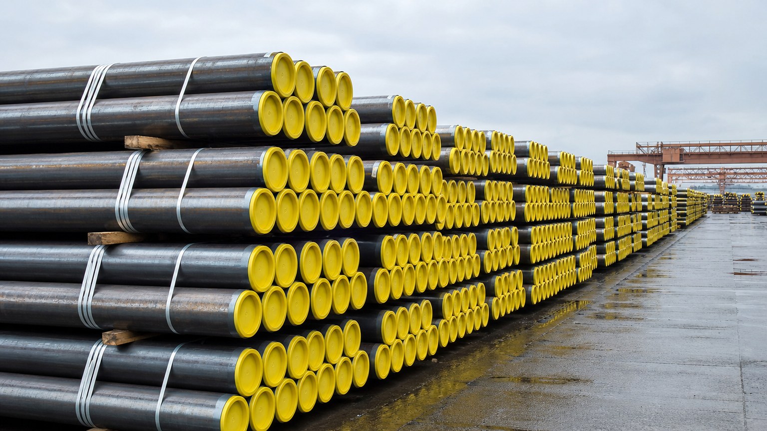 casing vs tubing - seamless casing pipes with yellow thread protectors stacked in bundles at a steel pipe yard