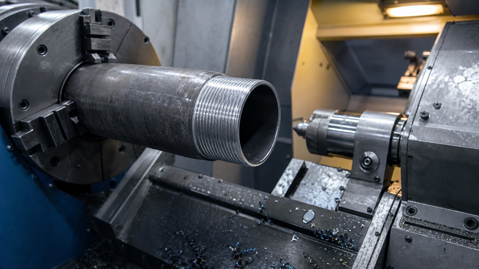 casing vs tubing - API thread being cut on a seamless steel pipe end in a CNC threading lathe