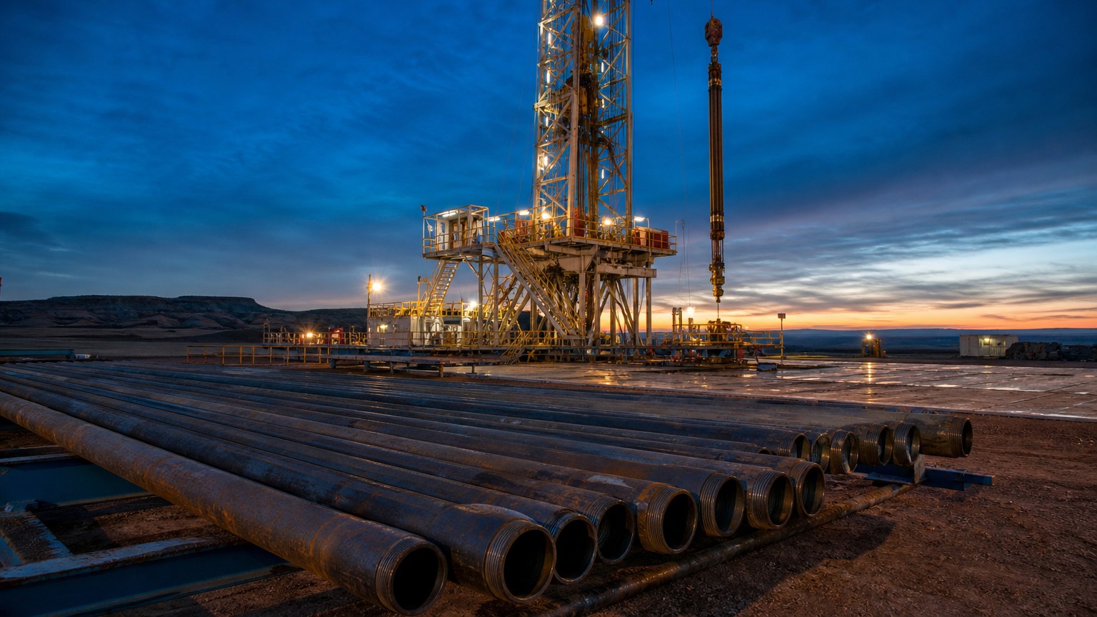 casing vs tubing - joints of casing on pipe racks beside a drilling rig derrick at dusk