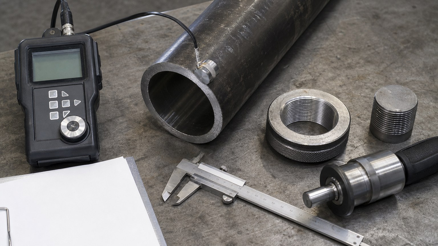 casing vs tubing - ultrasonic wall thickness gauge and thread gauges laid out at a tubing inspection bench