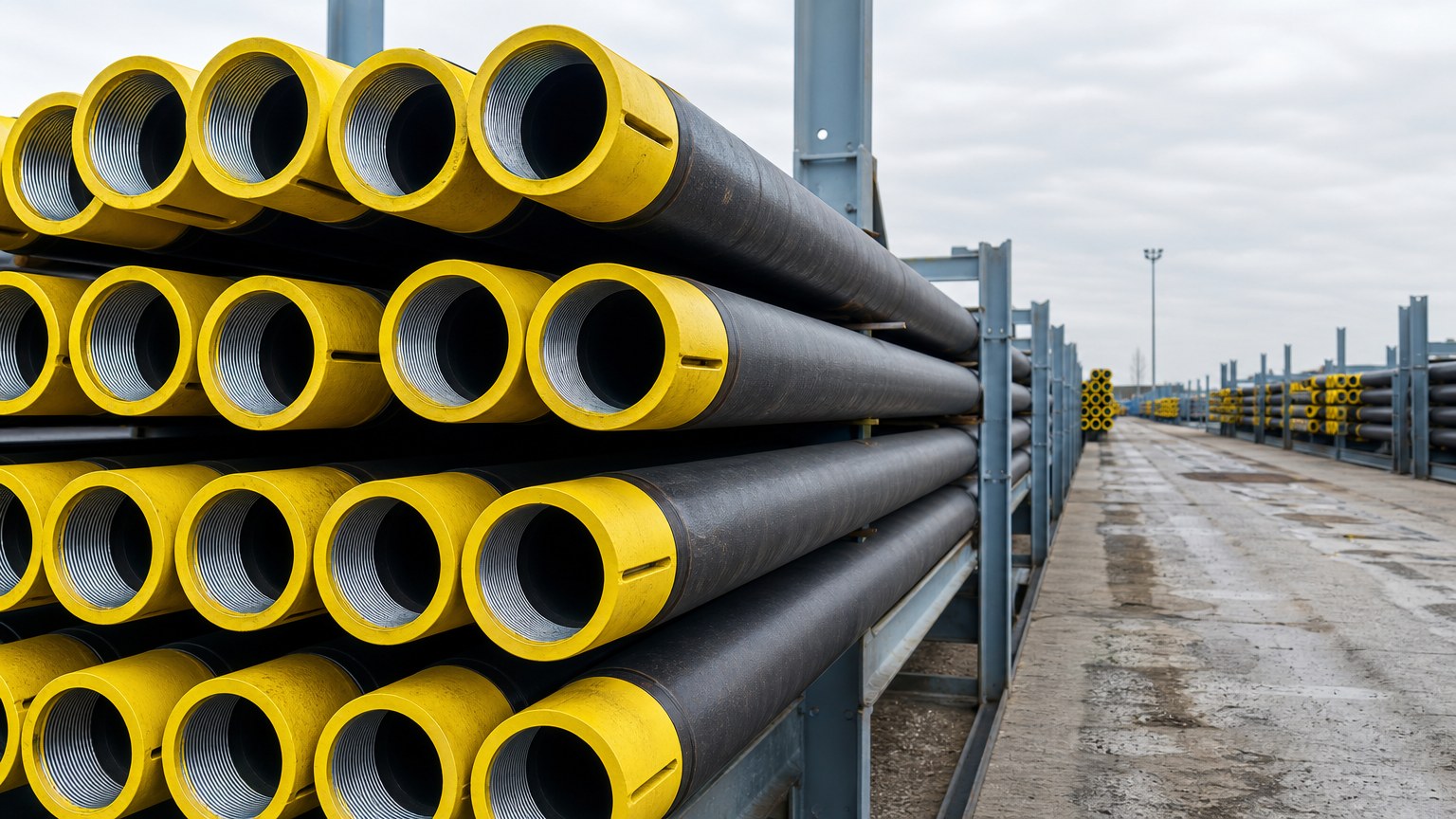 octg casing tubing - seamless casing pipes with yellow thread protectors stacked on racks in a steel pipe yard