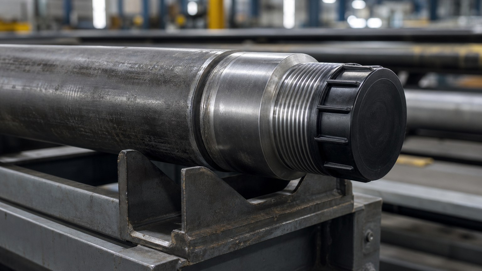 octg casing tubing - threaded casing pipe end with coupling and thread protector in a mill inspection bay