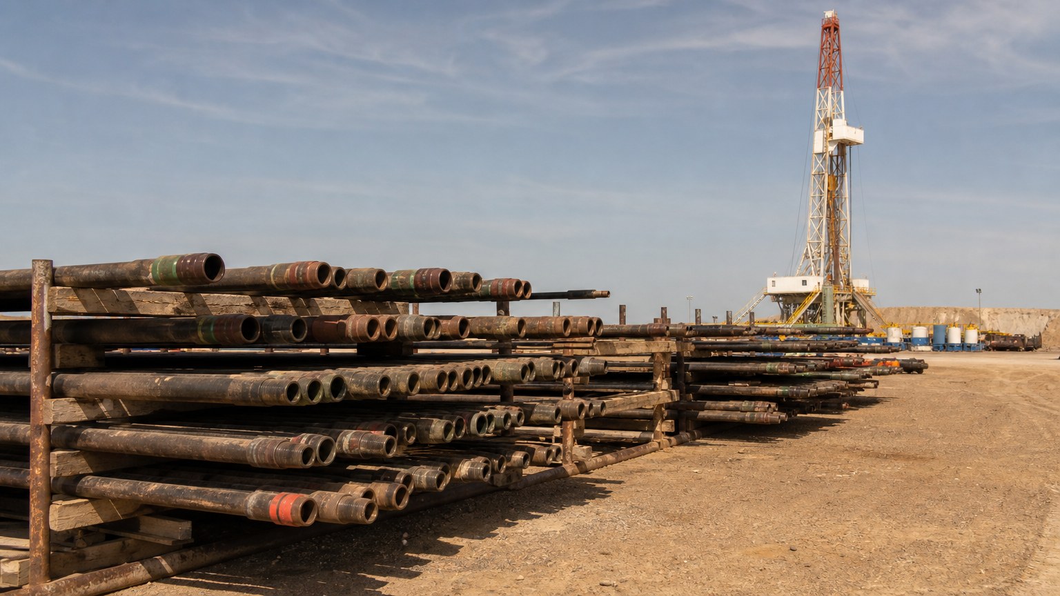 octg casing tubing - casing and tubing strings racked on pipe racks at an onshore drilling site