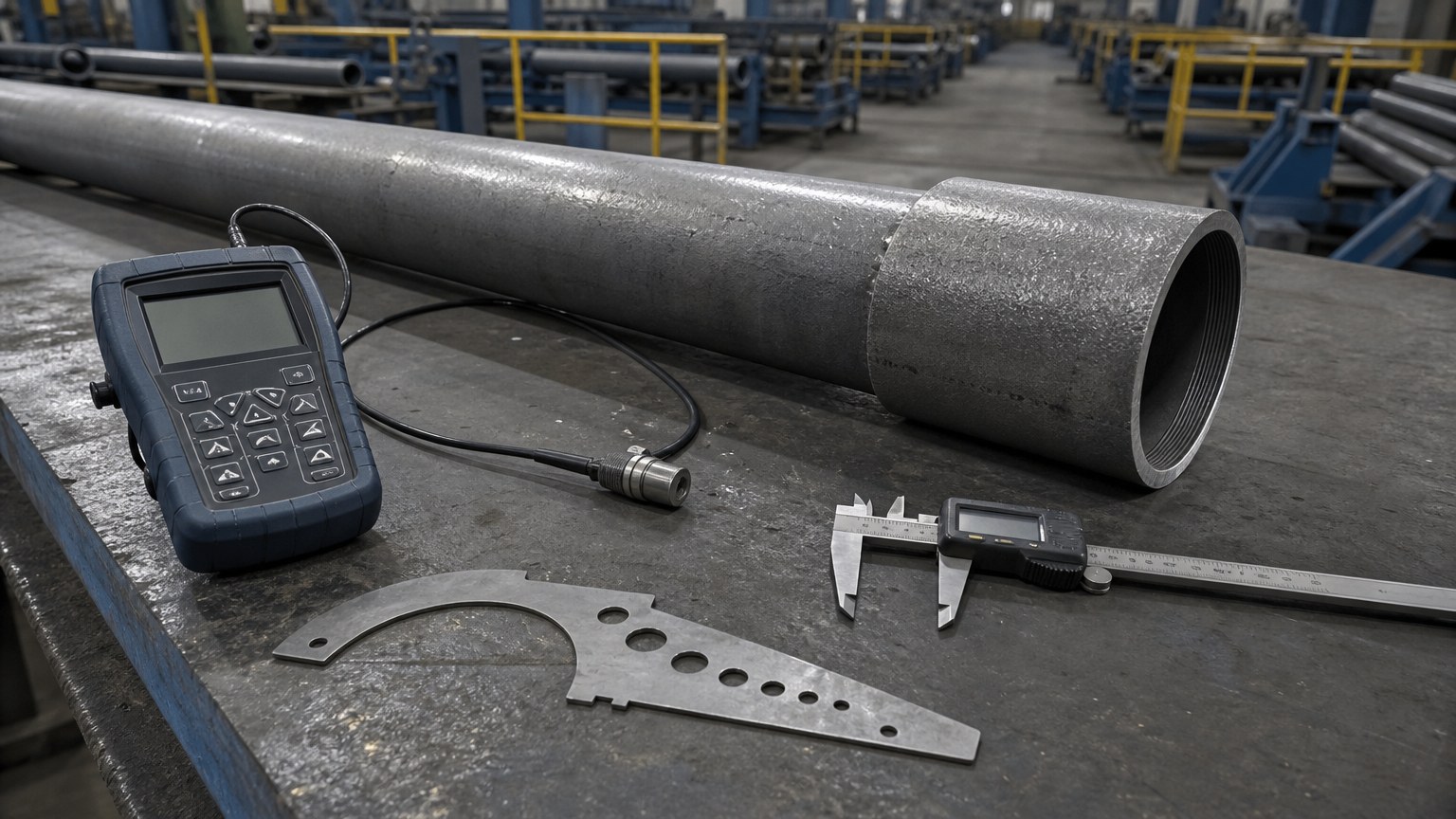 octg casing tubing - ultrasonic wall thickness gauge and calipers laid out at a casing pipe inspection bench
