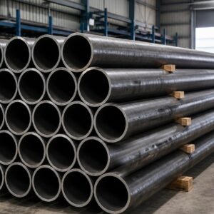 Carbon steel pipe Q235B 4 inch Schedule 40 stacked in a steel warehouse