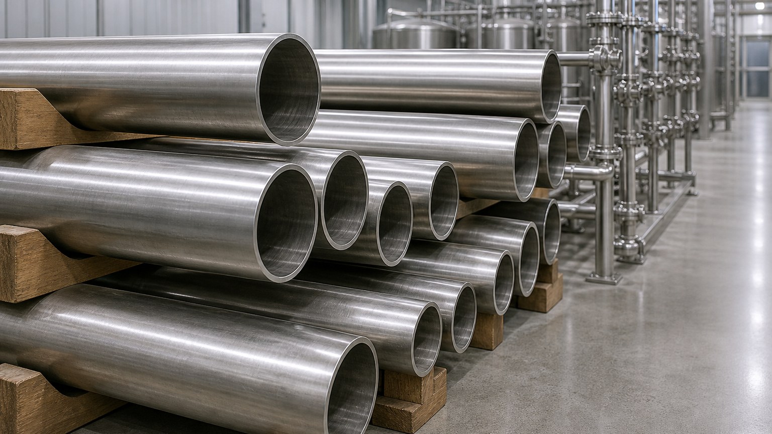 pipe weight per meter for 304 stainless steel pipe - stainless steel pipe stored on racks in a processing plant