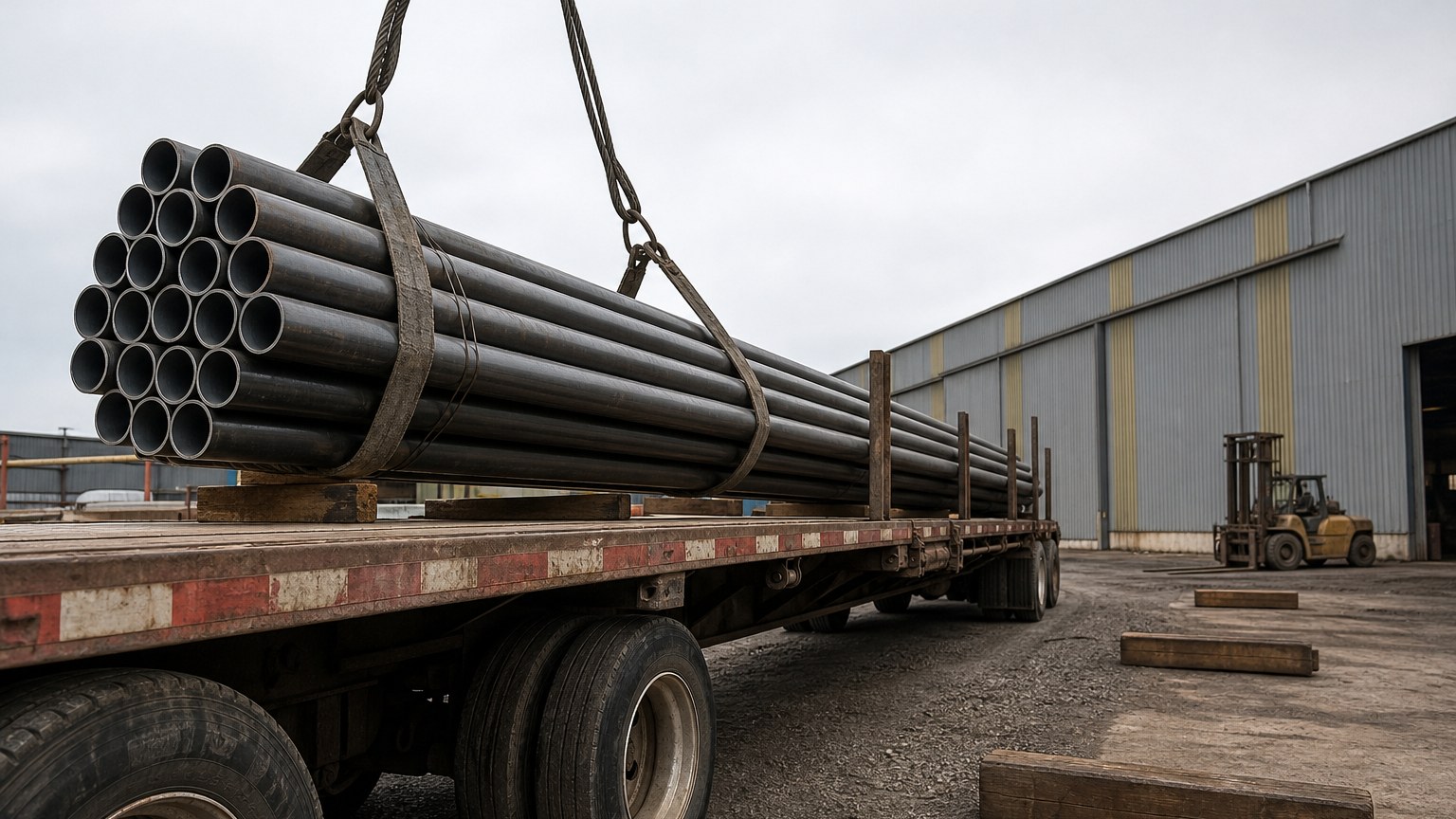 pipe weight per meter - carbon steel pipes loaded onto a truck for export shipment