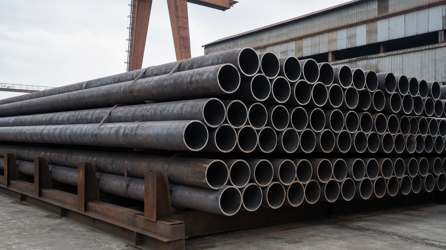 steel pipe procurement quantity - bundled seamless steel pipe stacked in a mill yard awaiting shipment