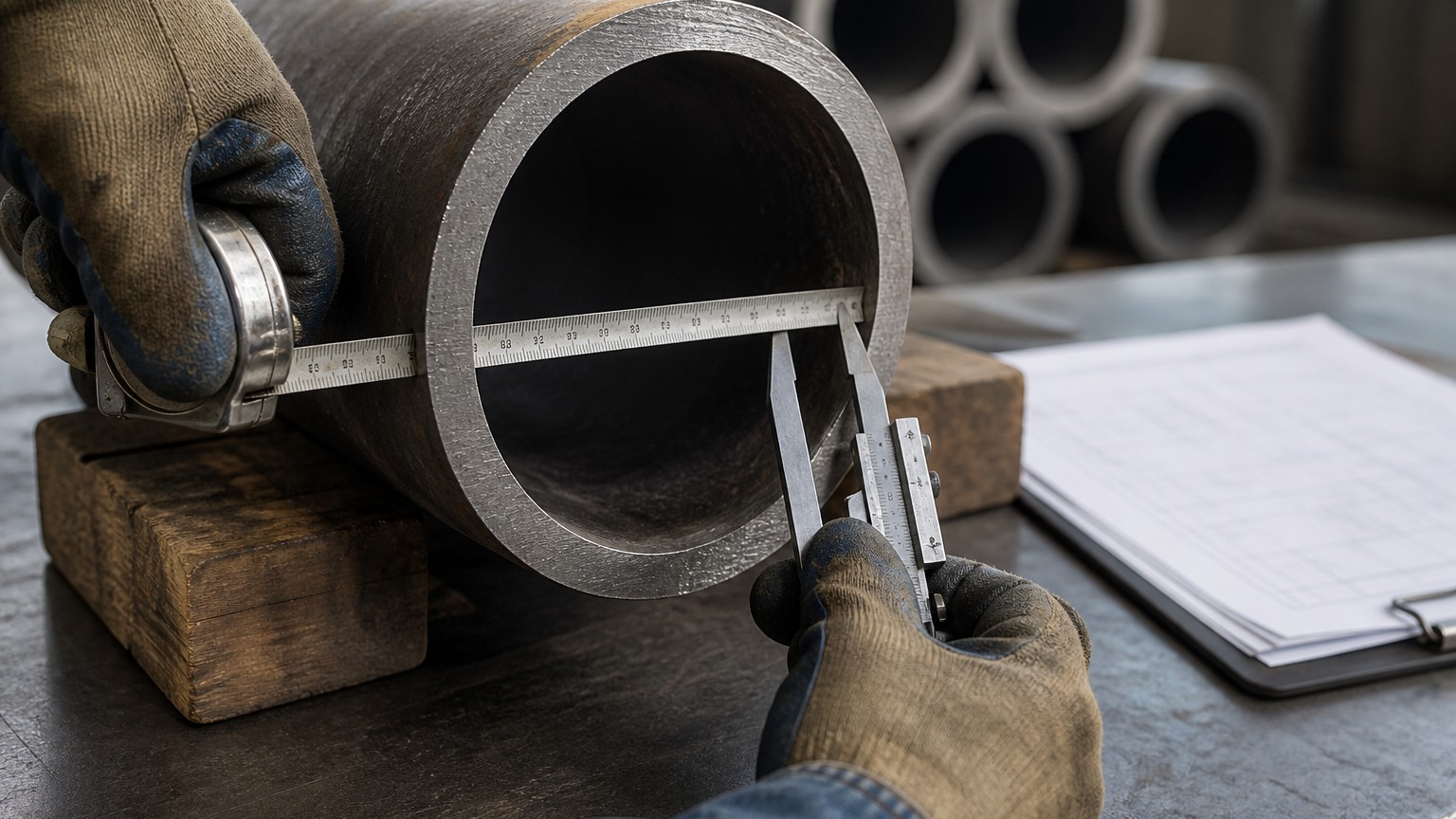 steel pipe procurement quantity - engineering line list and tape measure used to check pipe outside diameter in a warehouse