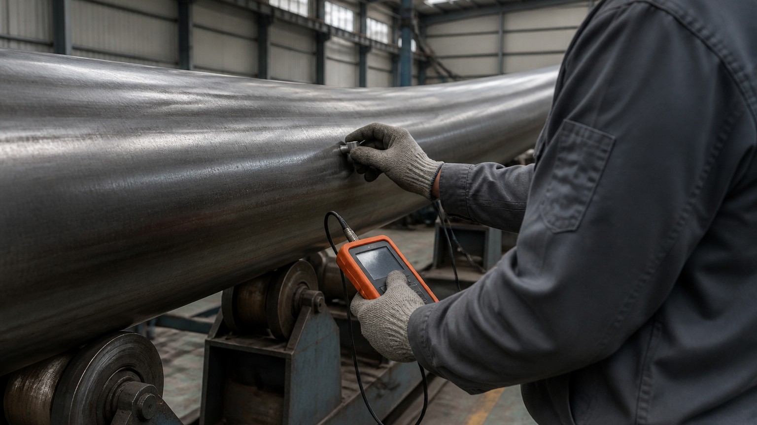 steel pipe procurement quantity - ultrasonic thickness gauge inspecting pipe wall thickness on a mill inspection bench