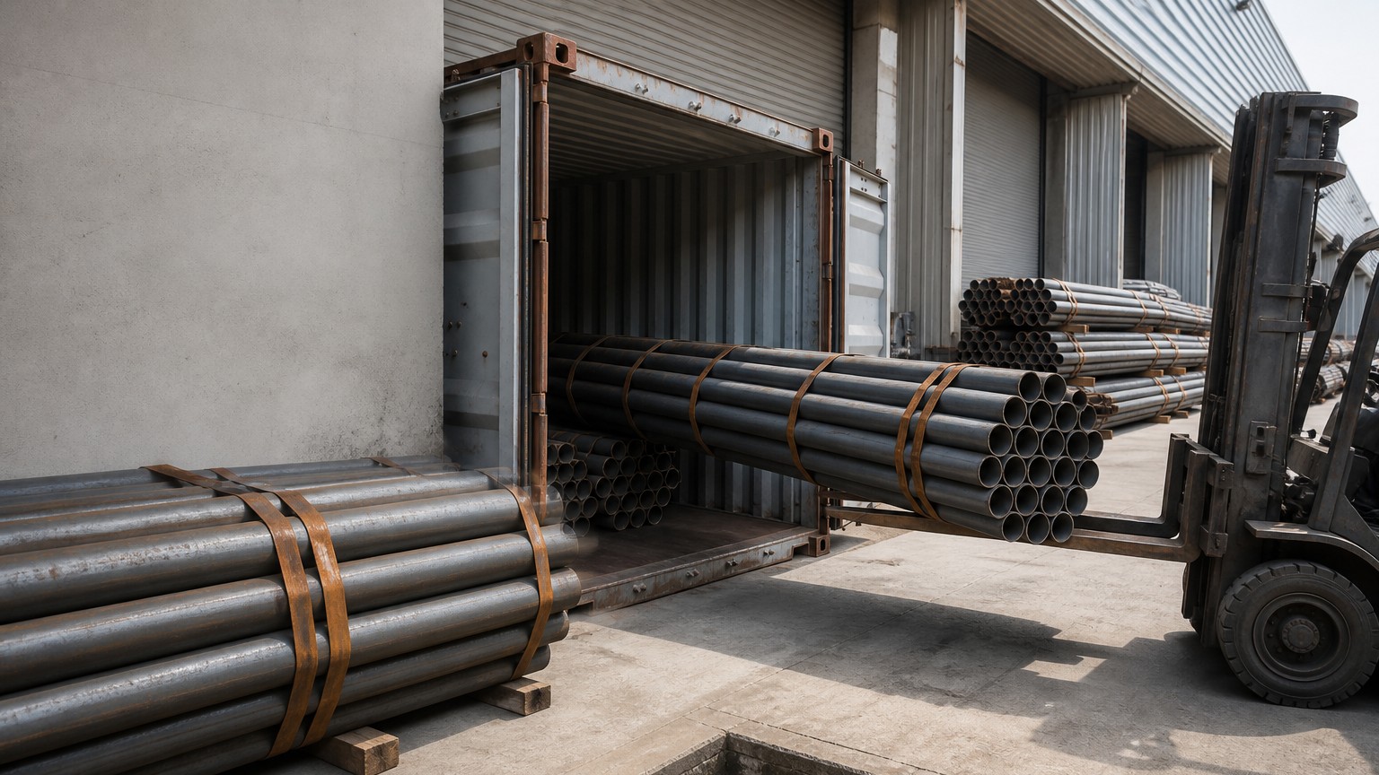 steel pipe procurement quantity - steel pipe bundles being loaded into containers at a port warehouse for export