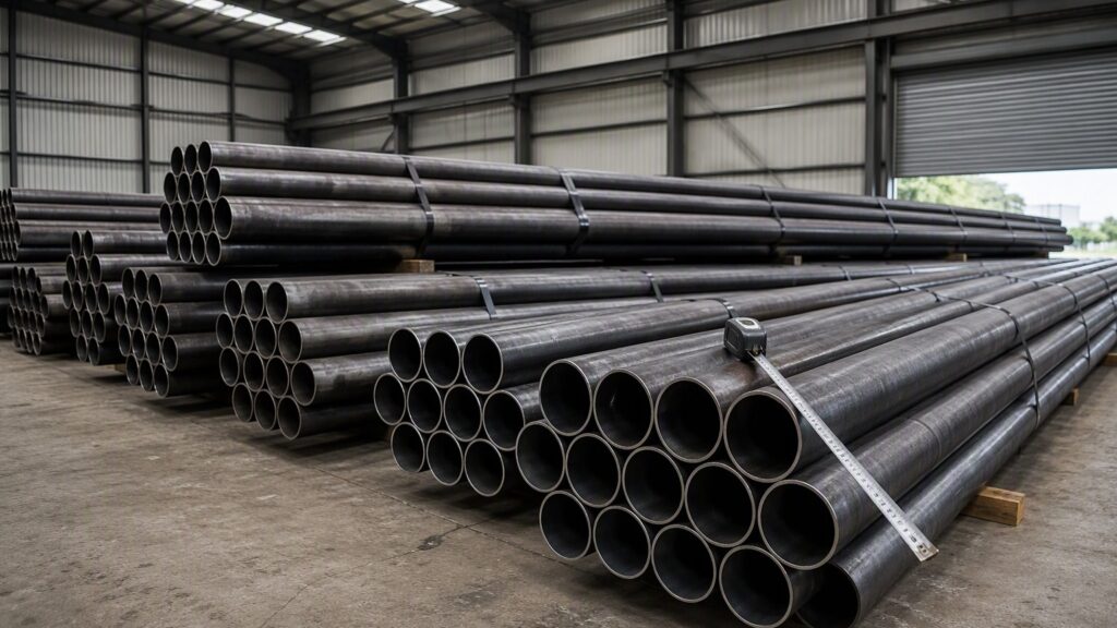 steel pipe weight calculator - bundles of seamless steel pipes with a measuring tape on top in a warehouse