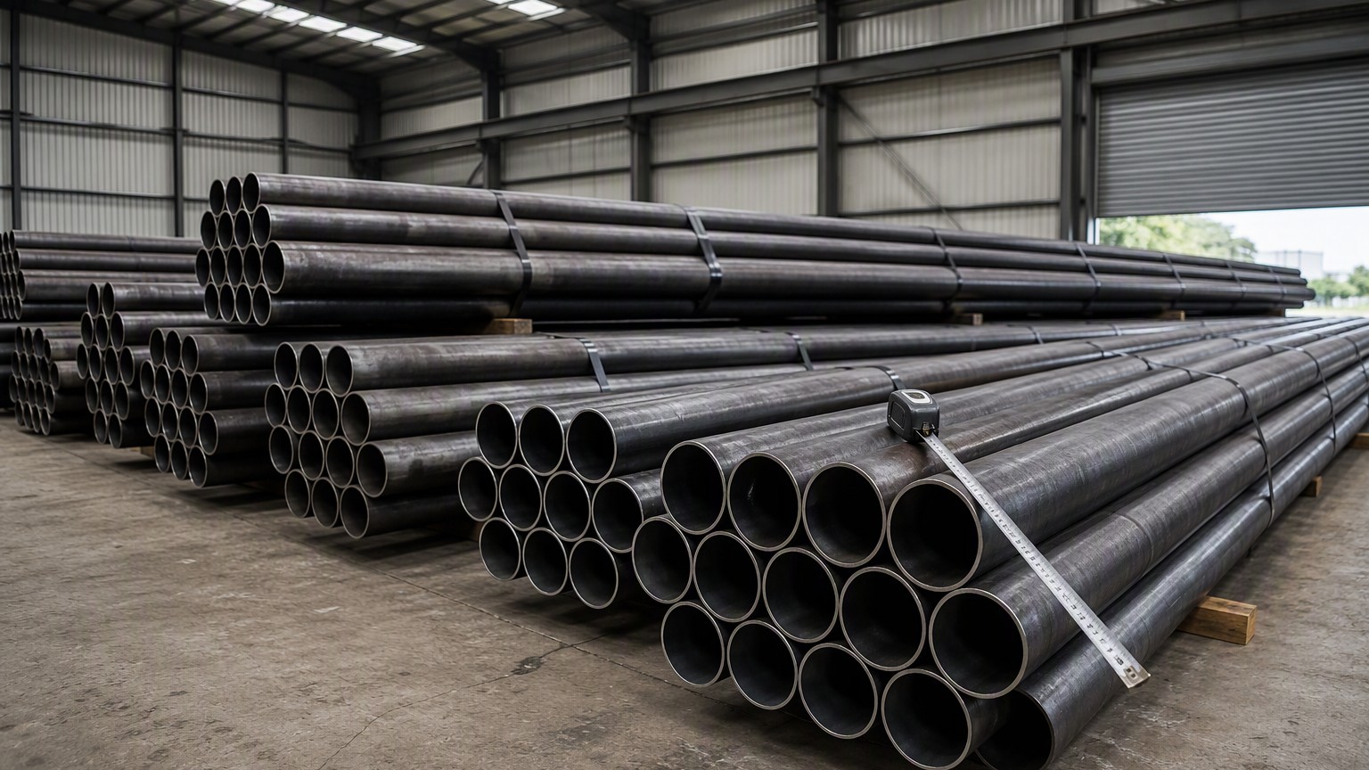 steel pipe weight calculator - bundles of seamless steel pipes with a measuring tape on top in a warehouse