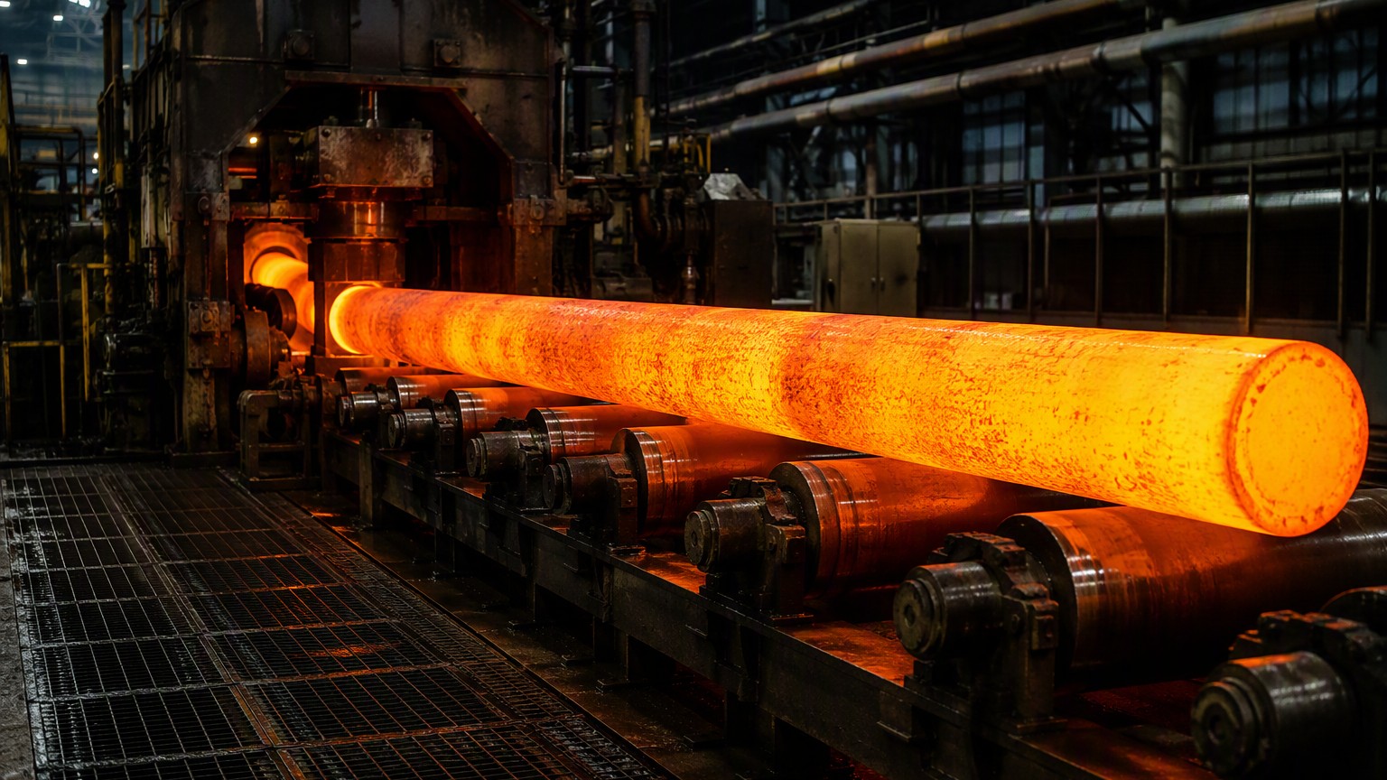 steel pipe weight calculation - hot round billet entering the piercing mill on a seamless pipe production line