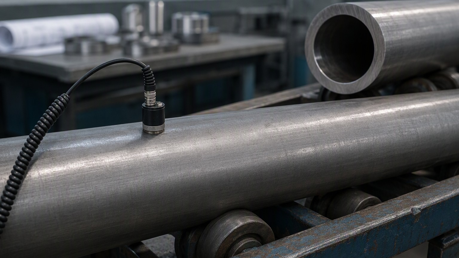 steel pipe weight calculator - ultrasonic probe measuring wall thickness on a seamless steel pipe during inspection