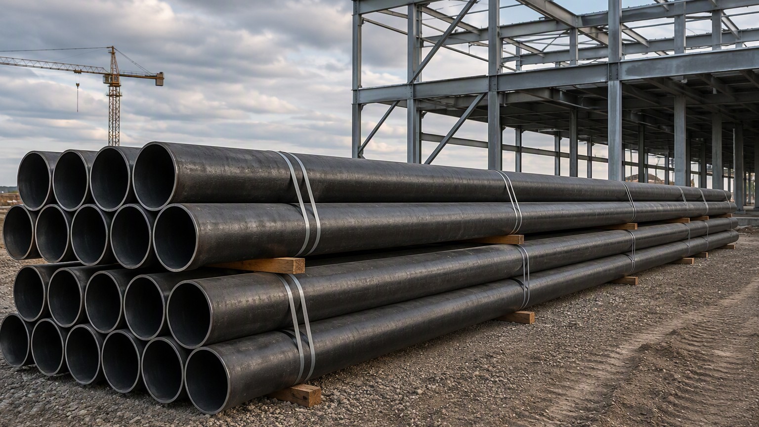 pipe weight per meter - stacked carbon steel pipes with strapping on a construction site beside a steel frame