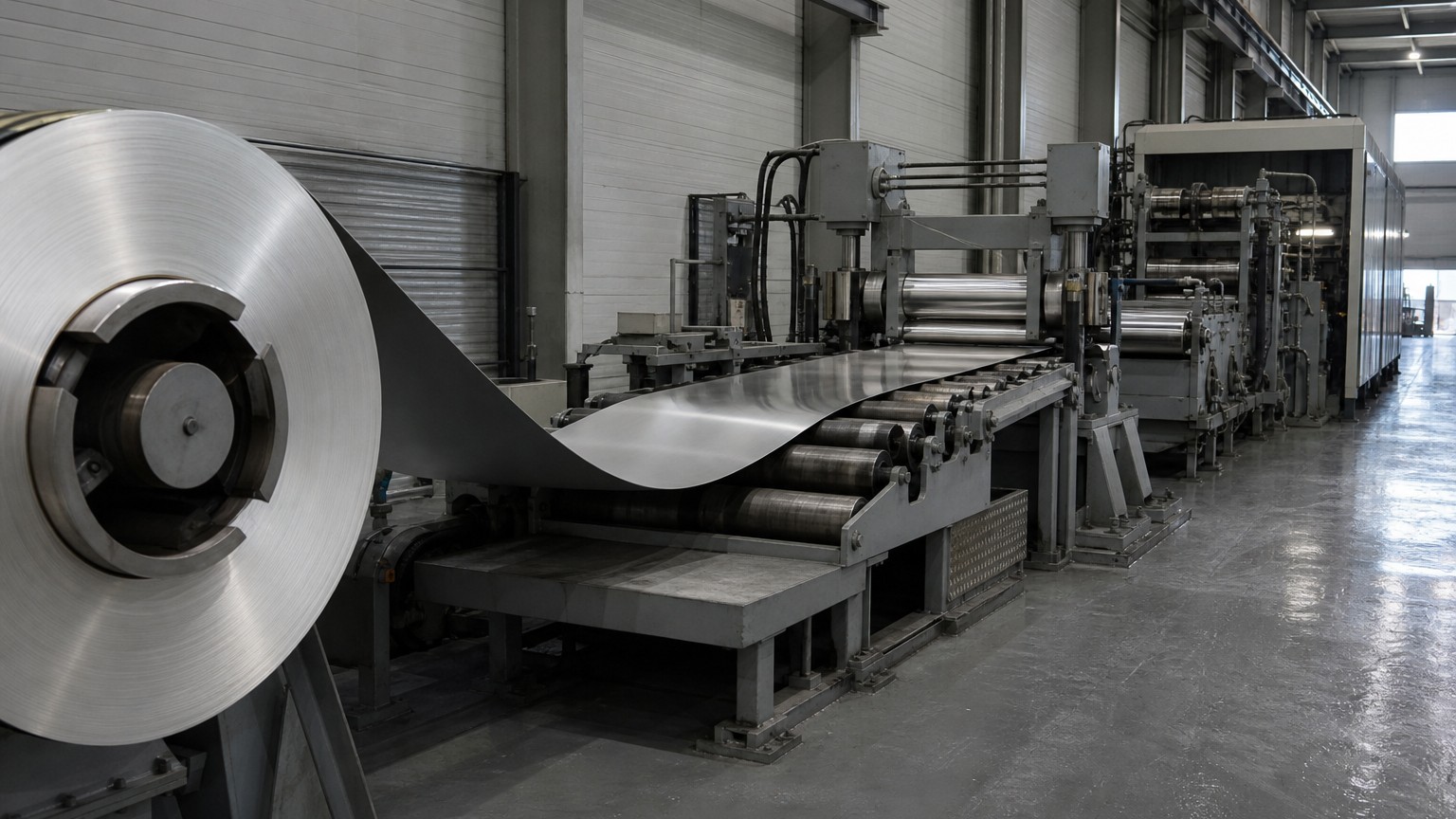 stainless steel density - wide stainless steel strip running through a leveling line in a rolling mill