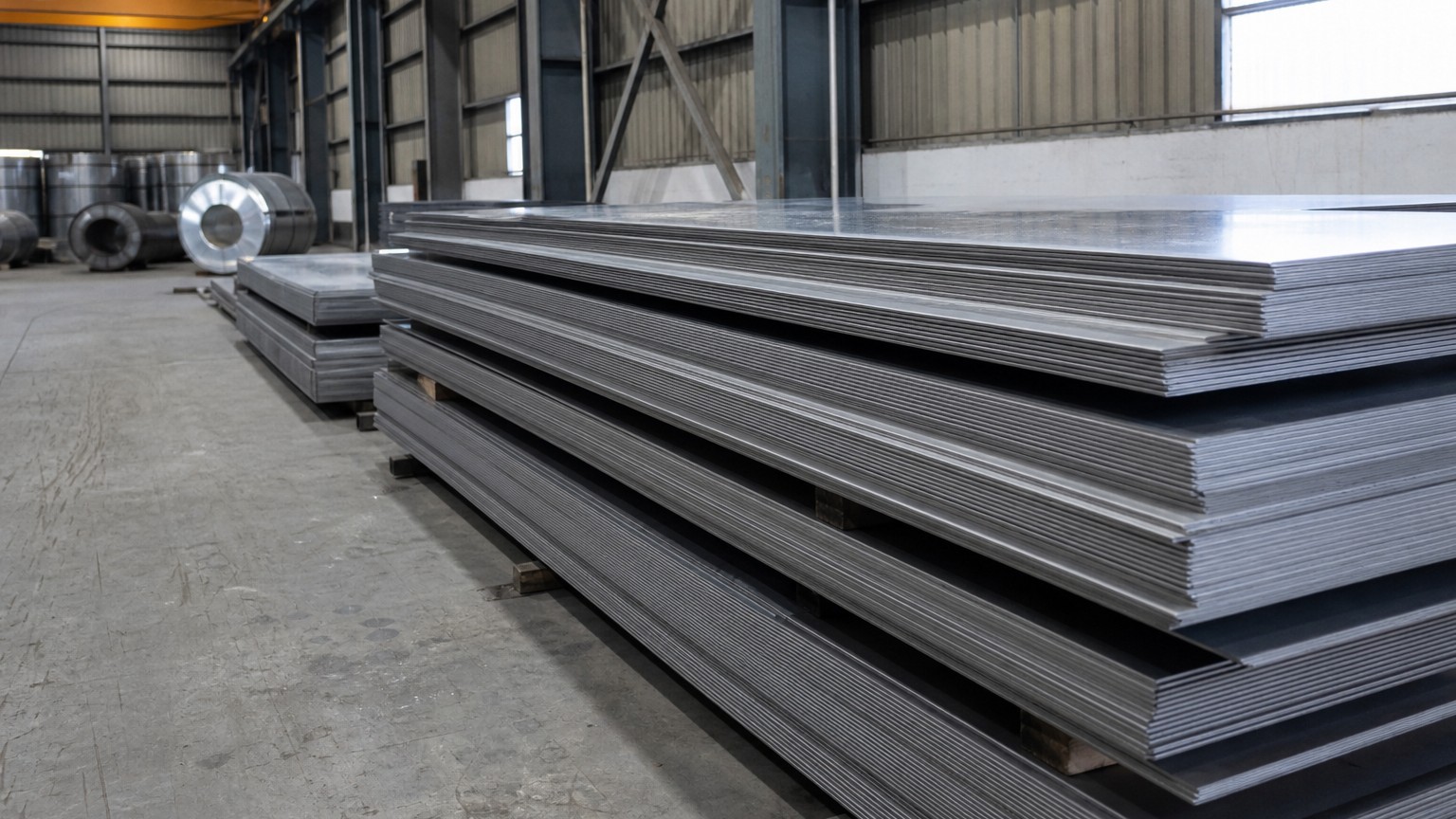 stainless steel plate weight - stacked stainless steel plates on pallets in a steel warehouse