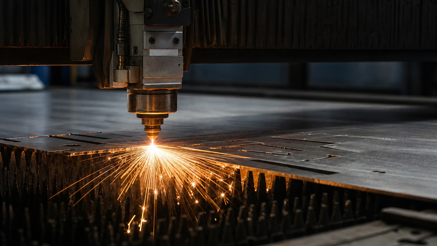 stainless steel plate weight - fiber laser cutting head cutting a stainless steel plate with sparks
