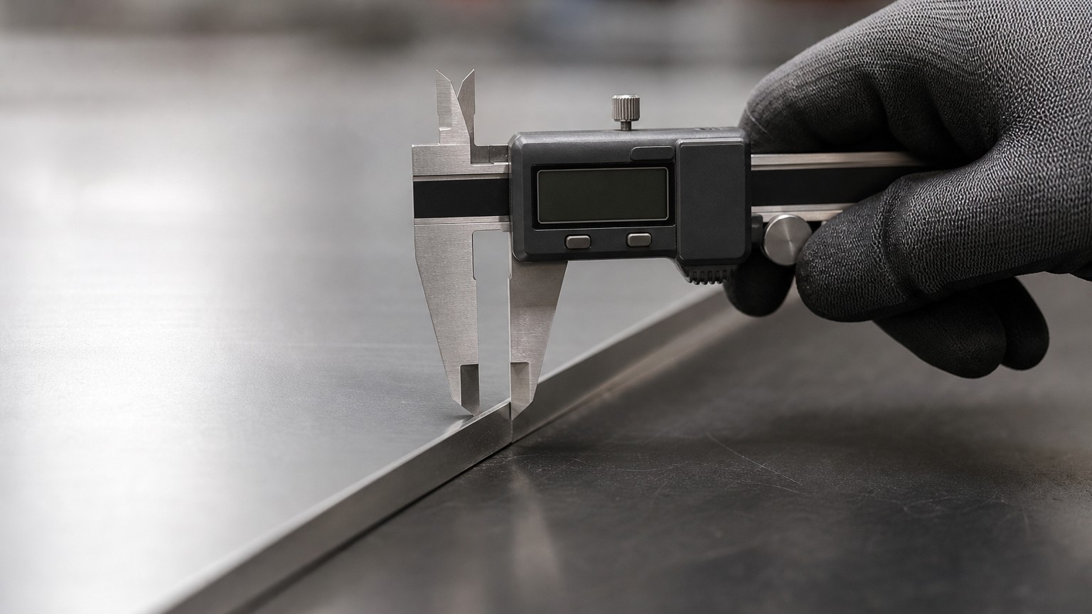 stainless steel plate weight - digital caliper measuring the thickness of a stainless steel plate during inspection