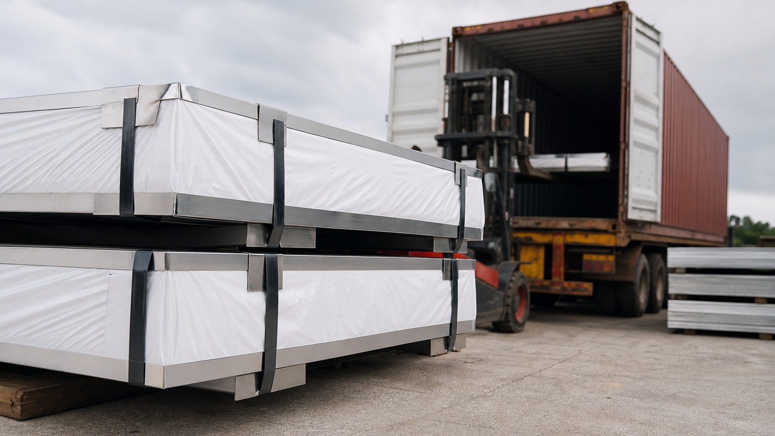 stainless steel plate weight - export packing of stainless steel plates in film and strapping loaded into a container