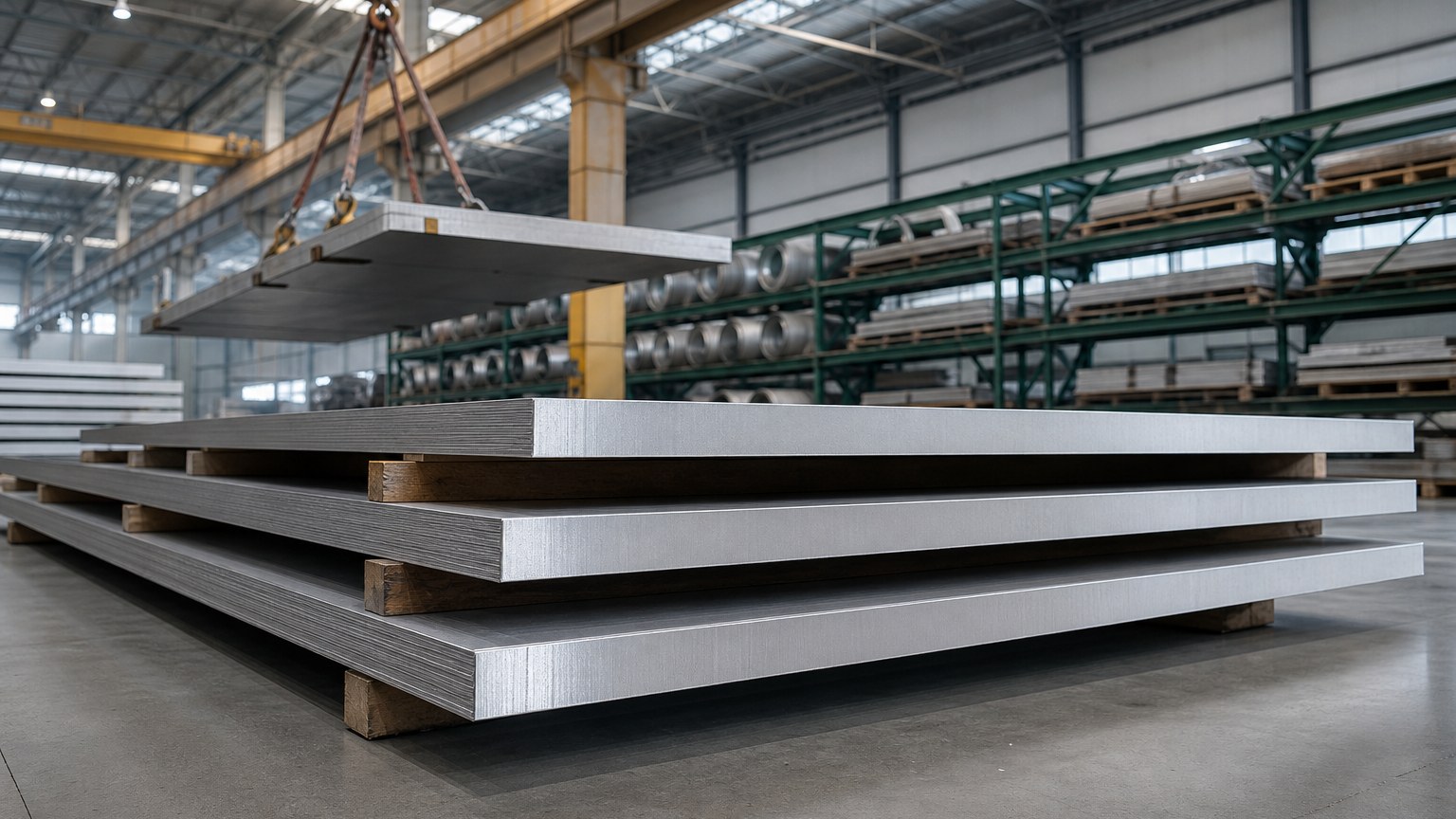 steel plate sizes tolerances - stacked stainless steel plates with visible mill edges in a service centre warehouse