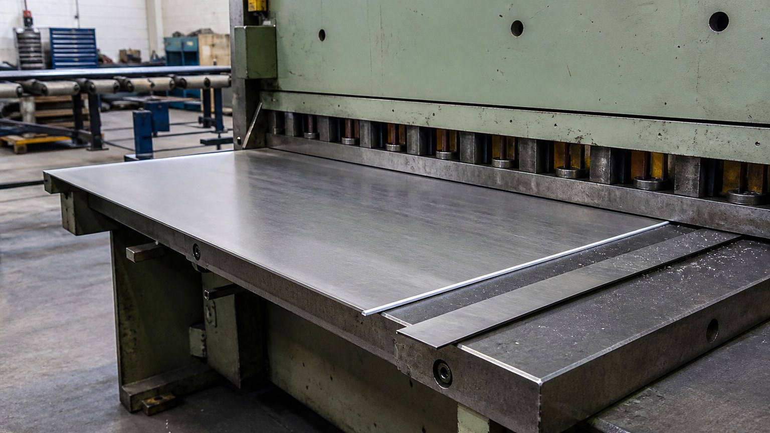 steel plate sizes and tolerances - guillotine shear cutting a stainless steel plate to length in a fabrication workshop