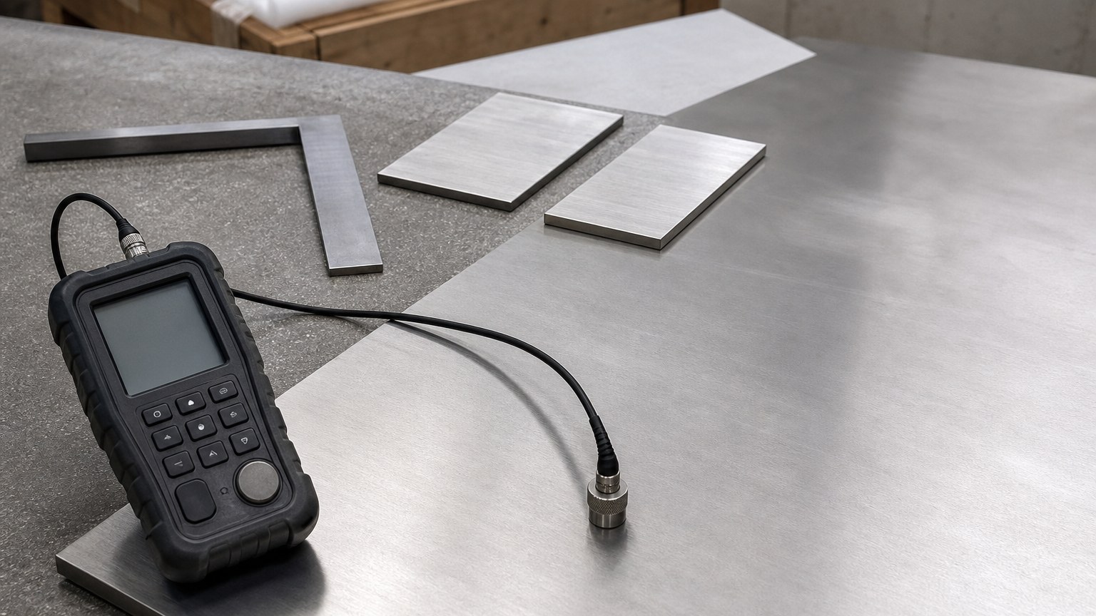 steel plate sizes tolerances - ultrasonic thickness gauge checking plate thickness on an inspection bench before shipment