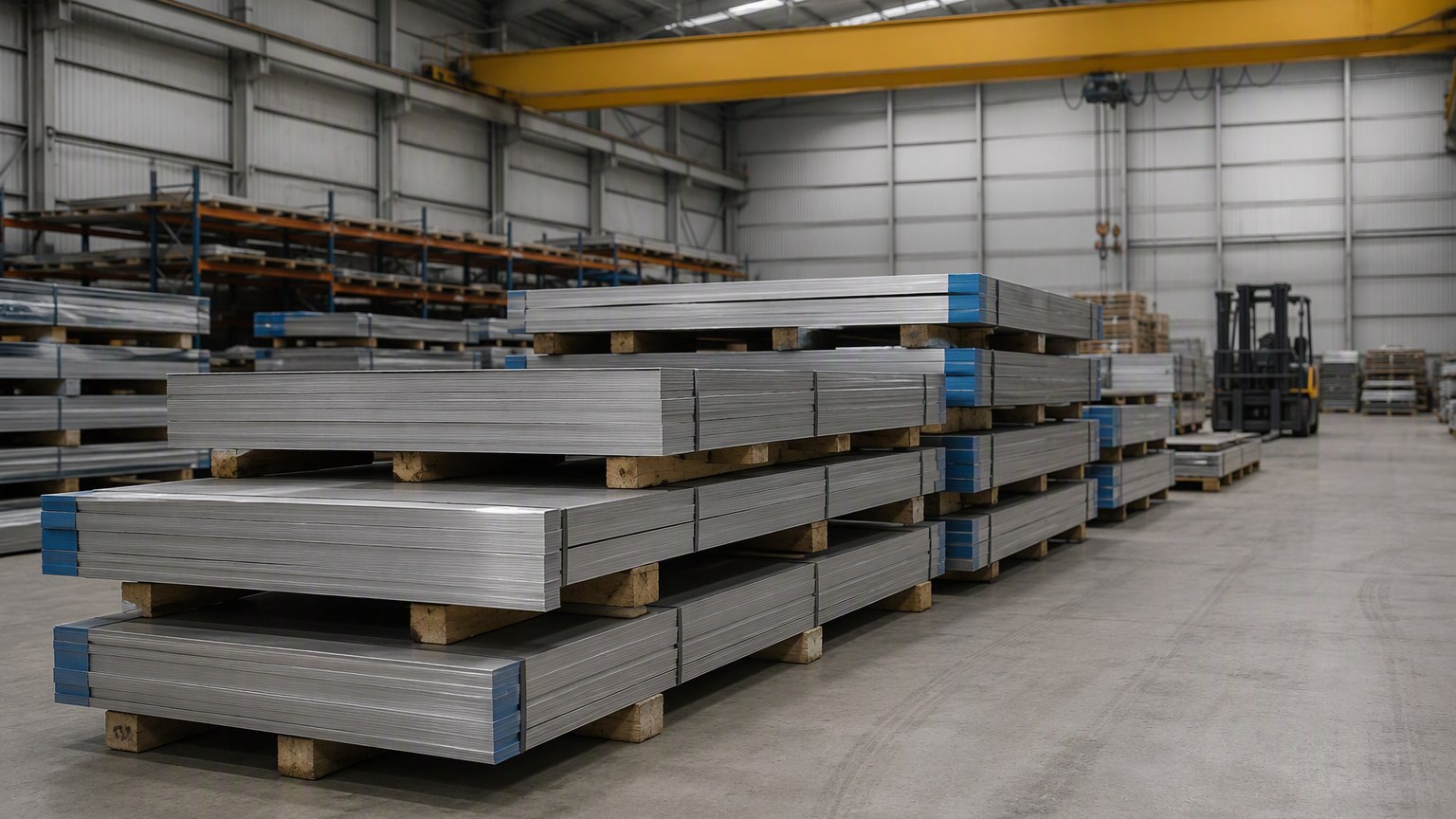 choose steel supplier - stainless steel plate bundles stacked on timber pallets inside a supplier warehouse