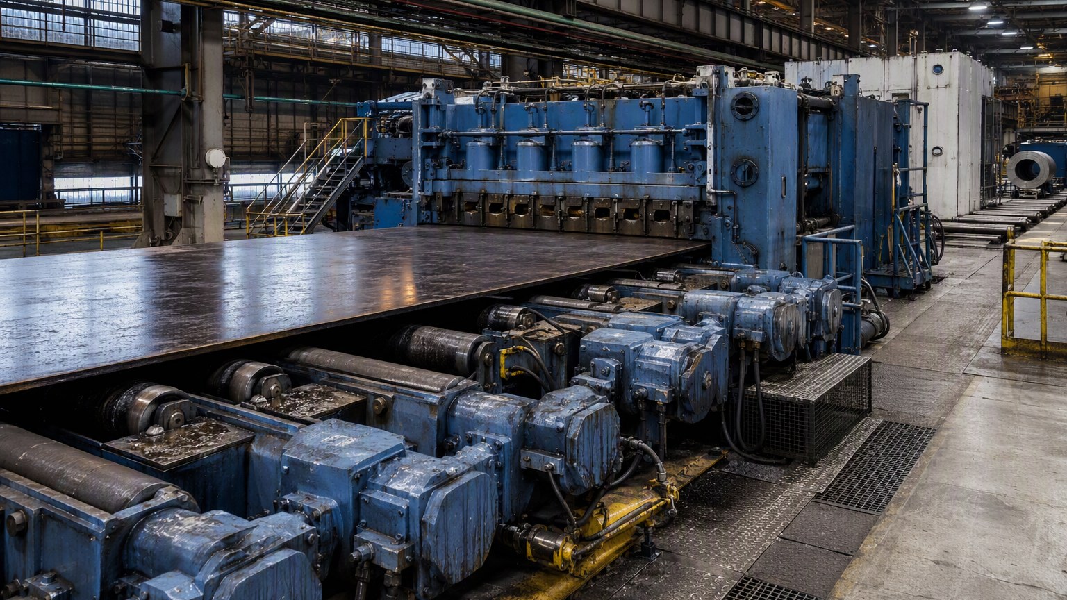 choose steel supplier - steel plate levelling and shearing line inside a mill production hall