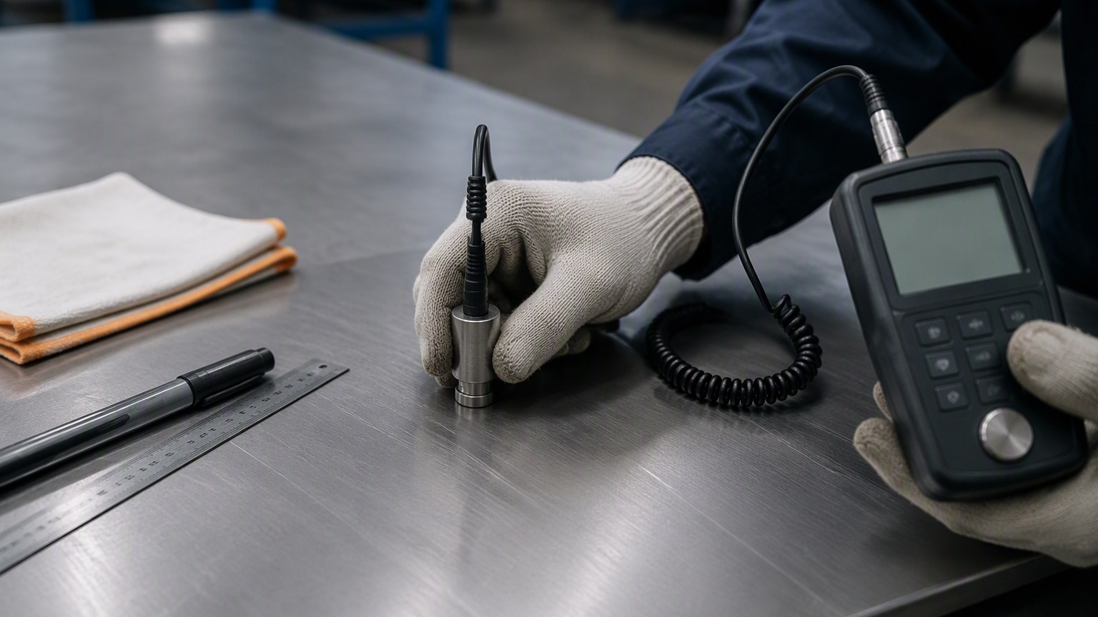 choose steel supplier - ultrasonic thickness gauge checking a stainless steel plate during inspection