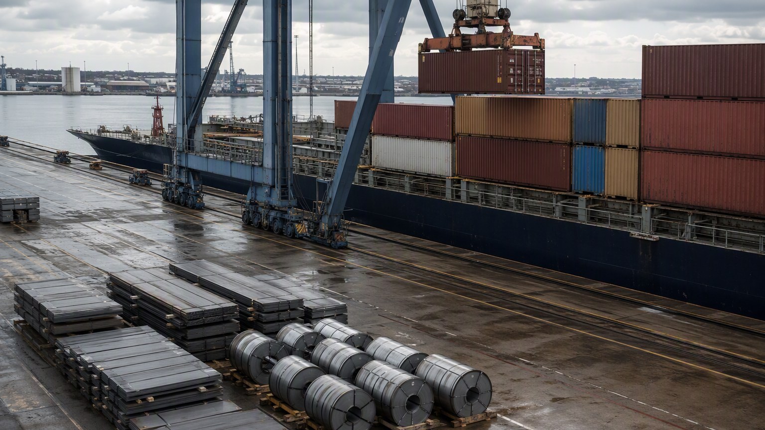 choose steel supplier - container terminal crane loading steel plates for an export shipment