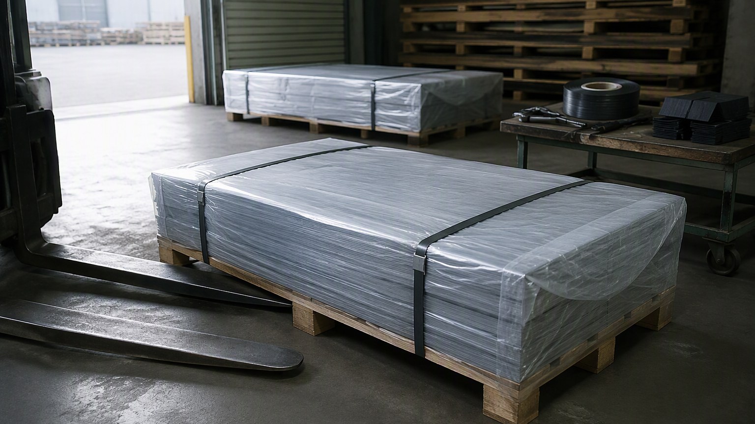 choose steel supplier - export packing of steel plates with protective film and steel strapping on a timber pallet