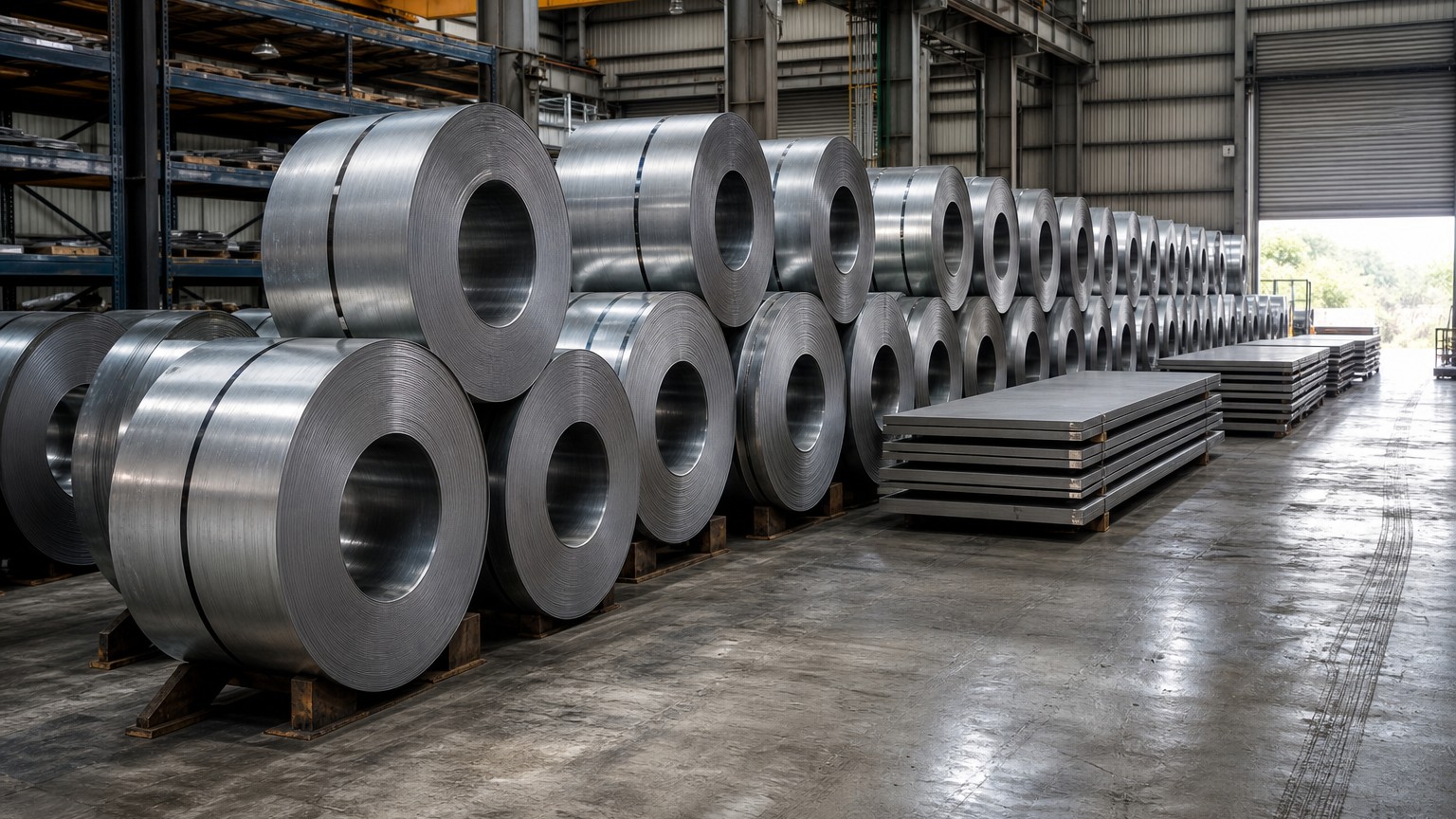 steel price trends - stacked stainless steel coils and steel plate bundles stored in a service centre warehouse
