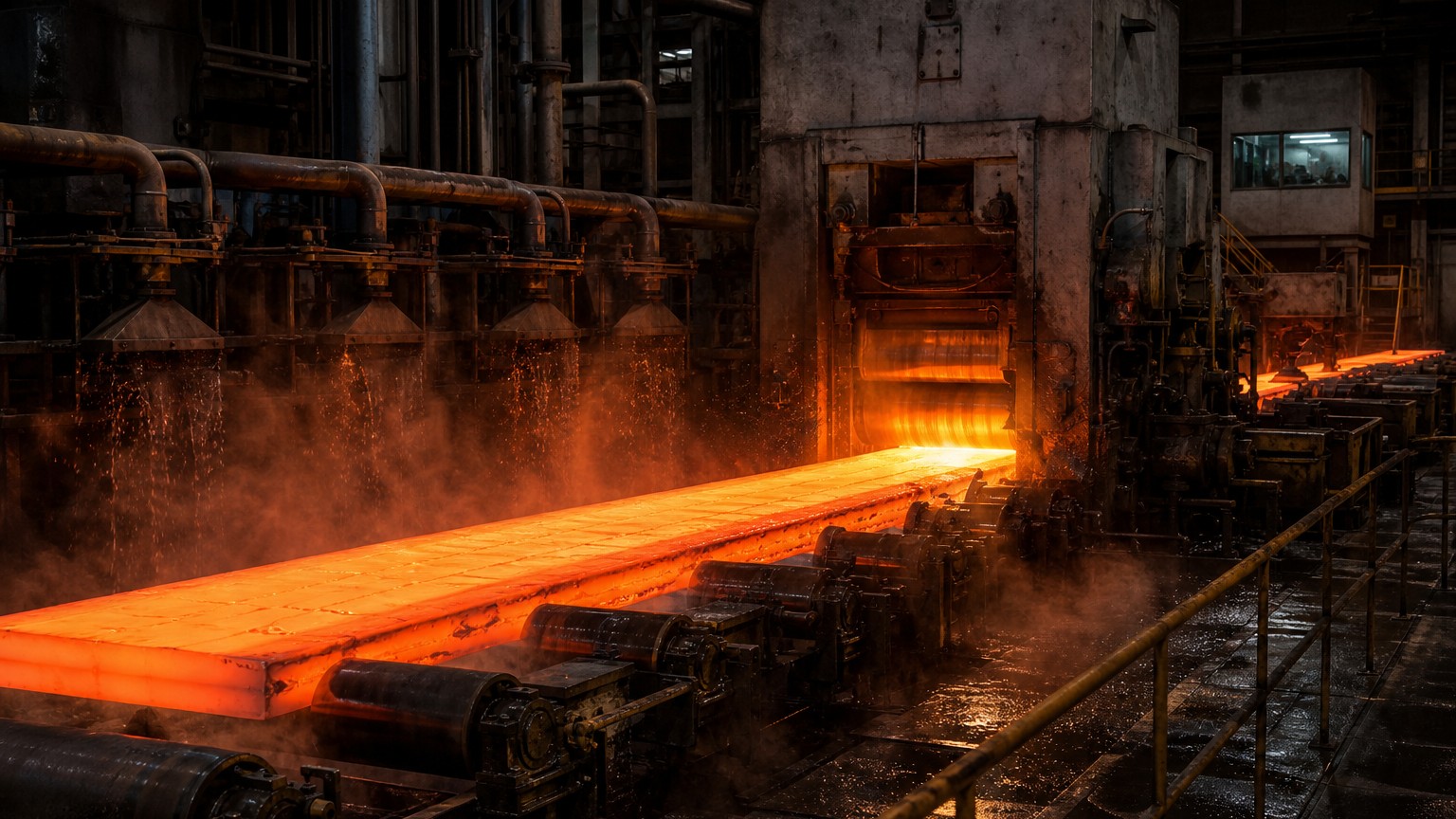 global steel price trends - hot strip mill rolling a glowing steel slab on the production line
