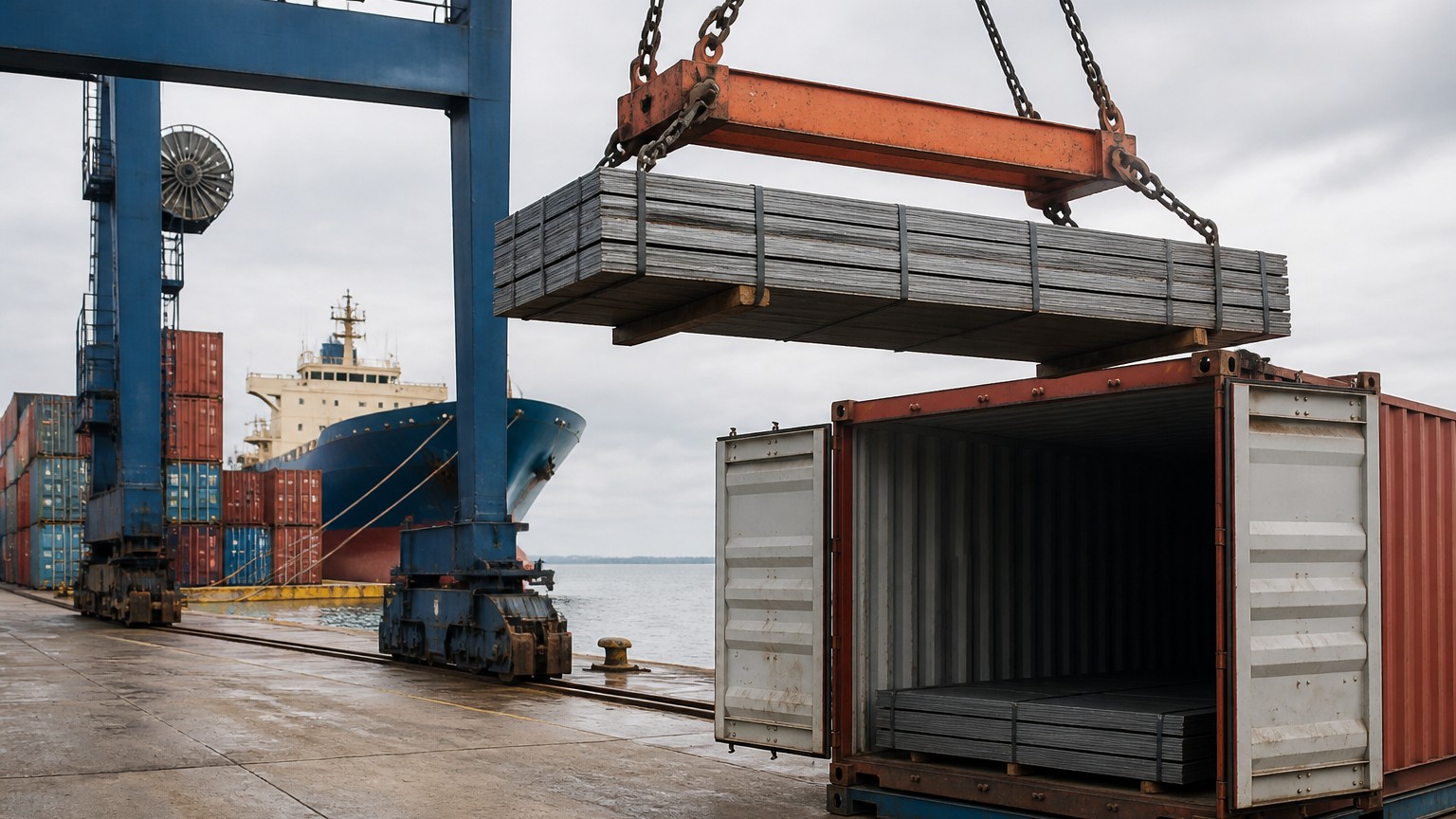 steel price trends - steel plate bundles loaded into a shipping container at a port terminal