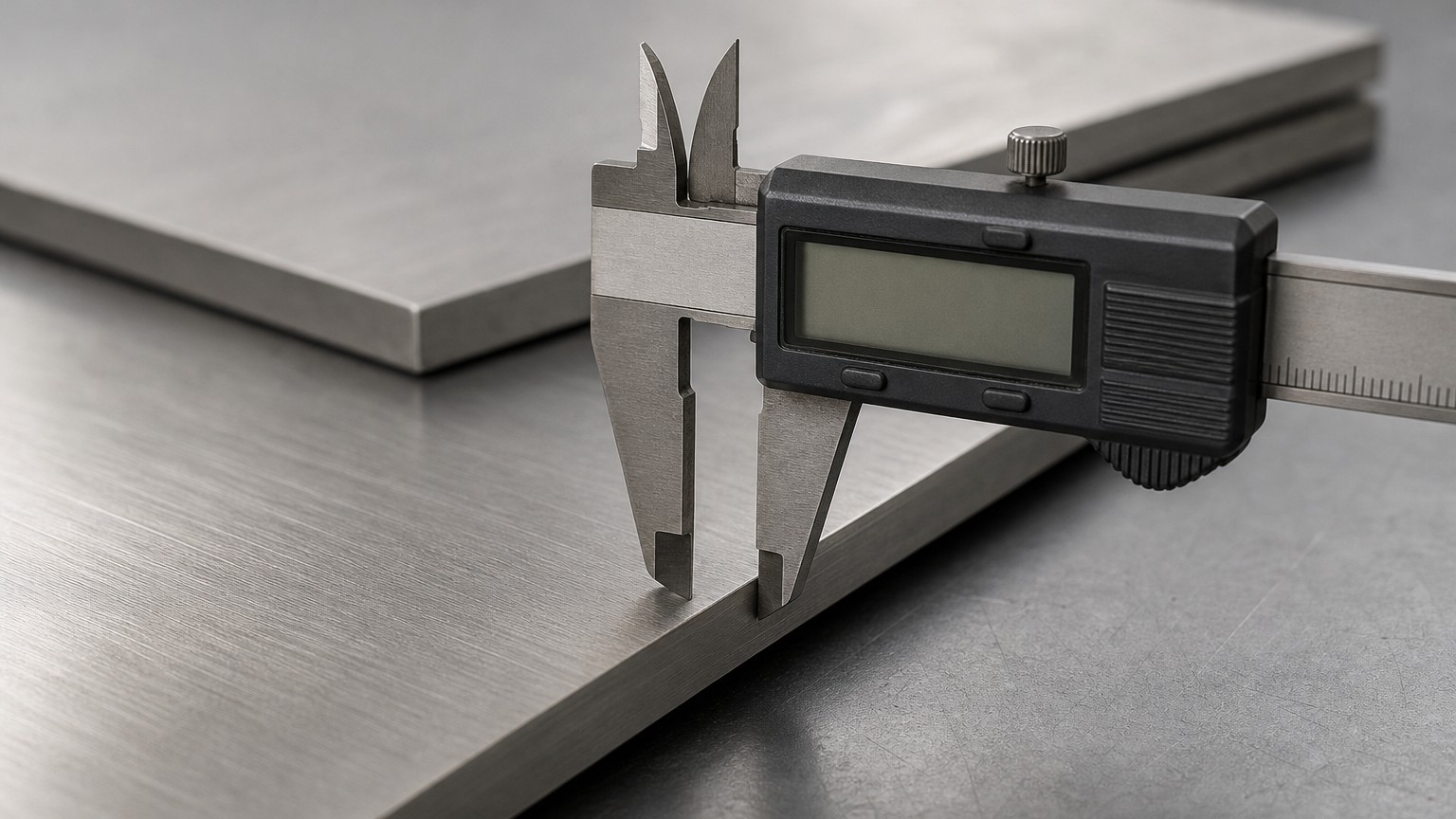 global steel price trends - digital caliper checking the thickness of a stainless steel plate in quality control