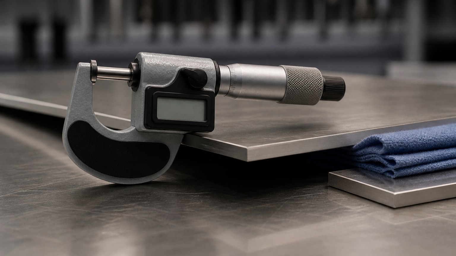 steel import process - micrometer measurement of stainless steel plate thickness during pre-shipment inspection