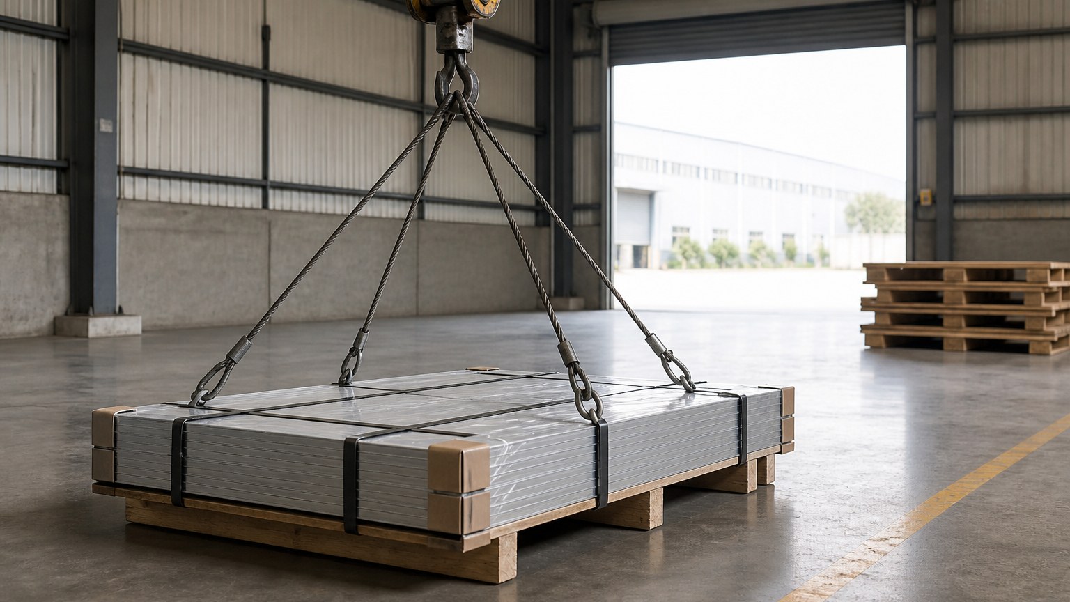 steel import process - edge protected 304 stainless steel plate bundles staged for export shipment in a steel warehouse