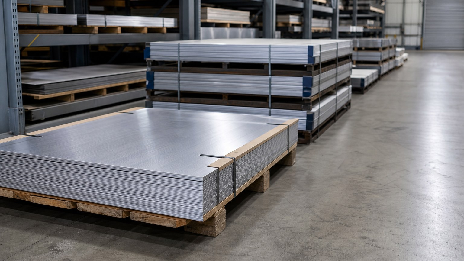 aluminum plate grades - 5052 aluminum plate sheets stacked on wooden pallets in an export warehouse
