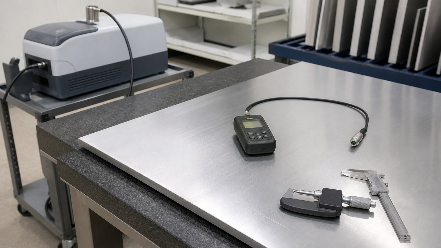 aluminum plate grades - thickness inspection of an aluminum plate with a micrometer in a quality control laboratory